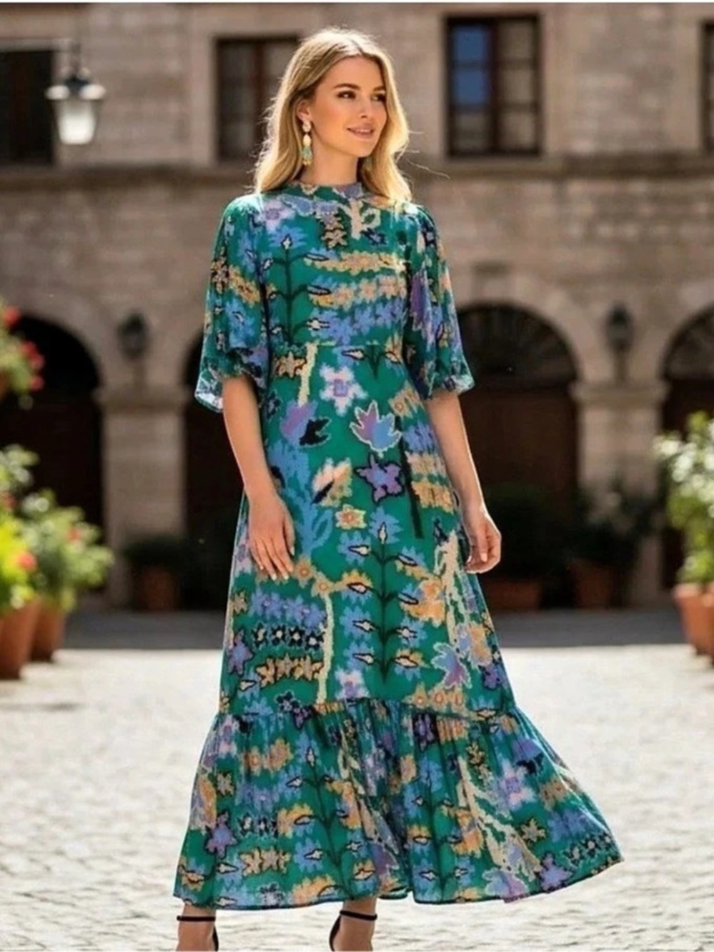 Oliphant Green Floral Print Maxi Dress Size 2X Flutter Sleeve Tiered